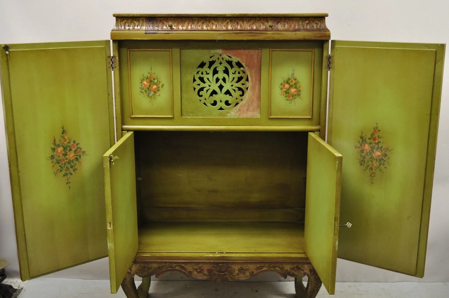 Antique Georgian Green Painted Mirror Front 2 Door Curio China Radio Cabinet