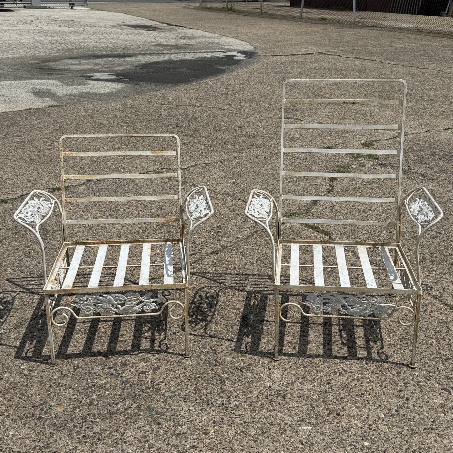 Vintage Russell Woodard "Kissing Birds" Wrought Iron Patio Lounge Chair - Pair