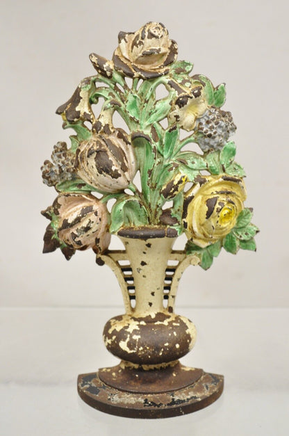 Antique Victorian Hubley Tall Cast Iron Figural Floral Painted Bouquet Door Stop