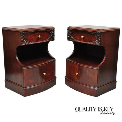 Vintage Chinese Chippendale Mahogany 2 Drawer Nightstands Bedside Tables - Pair