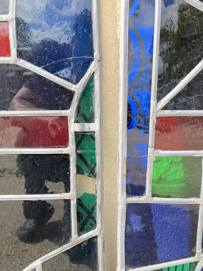 Vintage Art Deco Blue & Red Leaded Stained Glass Arched Window w/ Cross - 5 Pcs