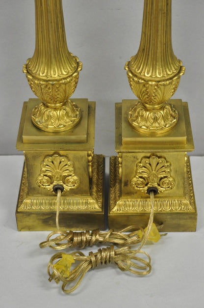 Antique French Empire Neoclassical Bronze Candlestick Column Table Lamps a Pair