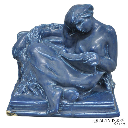 Antique Rookwood Blue Glazed Ceramic Nude Female Figure Reading Book Bookend