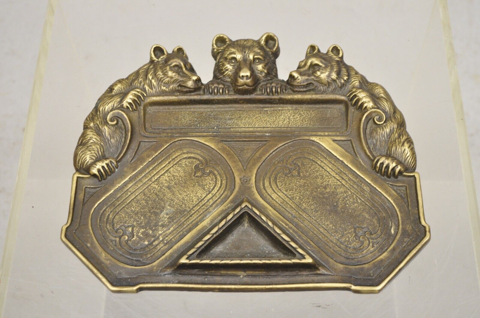 Antique Brass Bronze Black Forest Figural 3 Bears Desk Pen Tray Trinket Holder