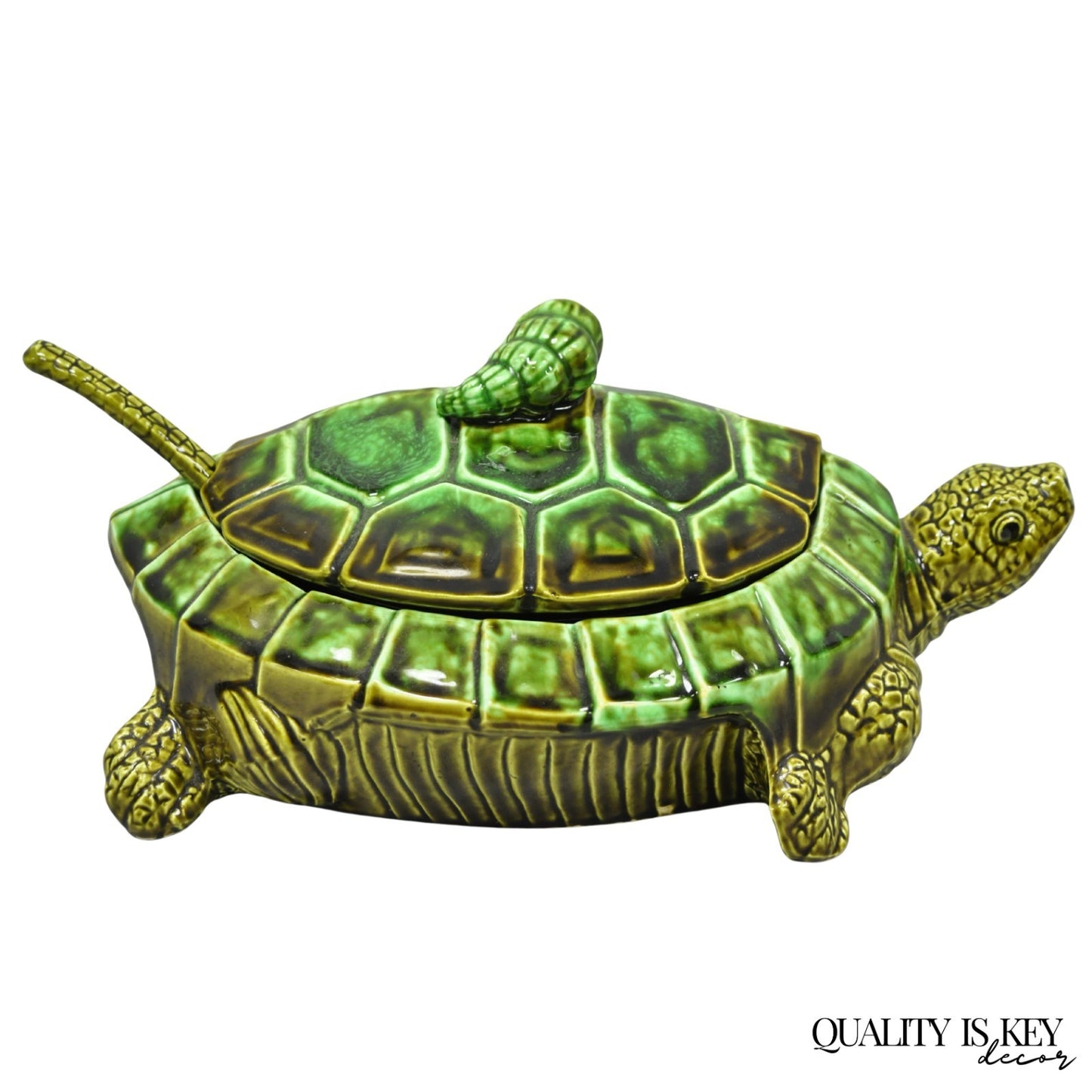 Vintage Tilso Japan Mid Century Modern Green Ceramic Figural Turtle Soup Tureen