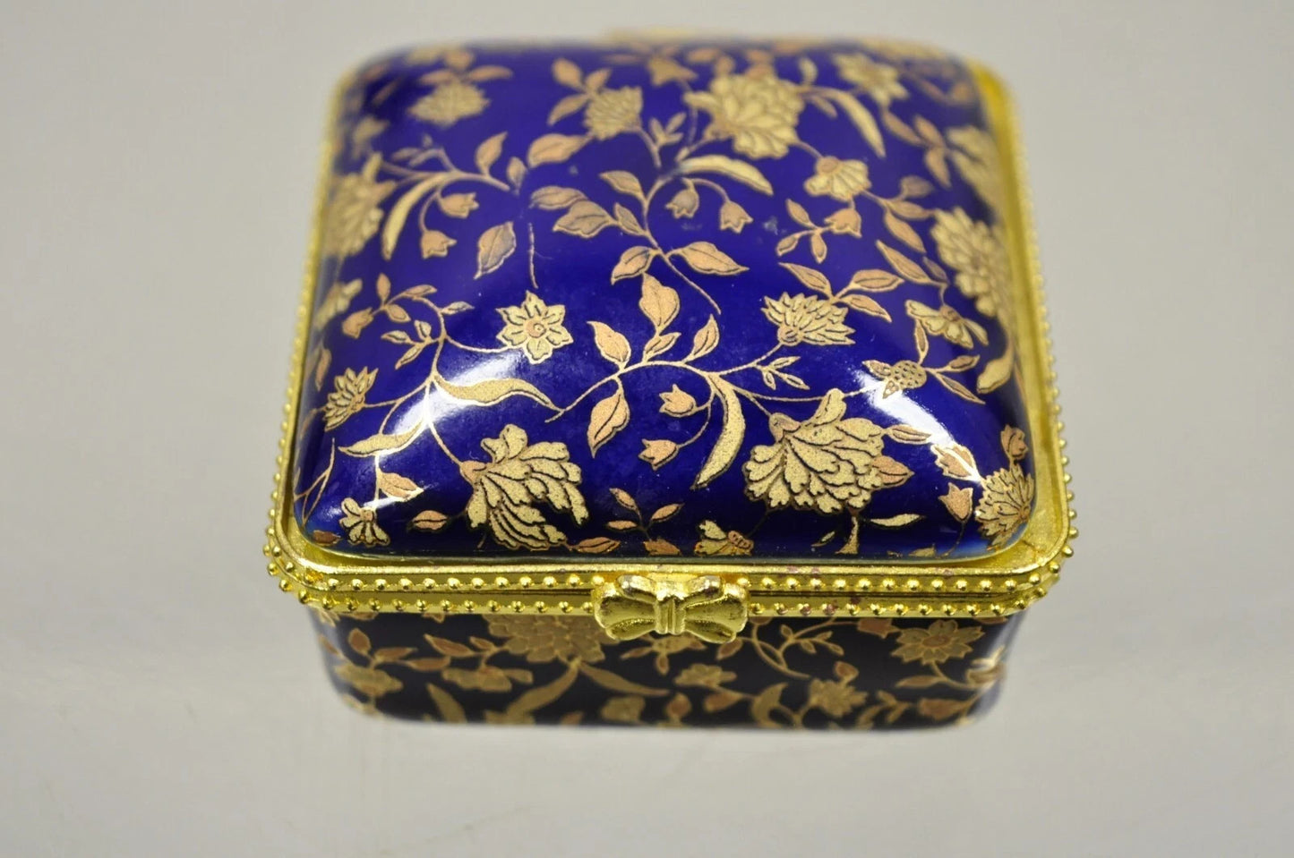 Vintage Cobalt Blue Porcelain Egg Gold Gilt Hinged Lid Candle Trinket Box - 2 Pc