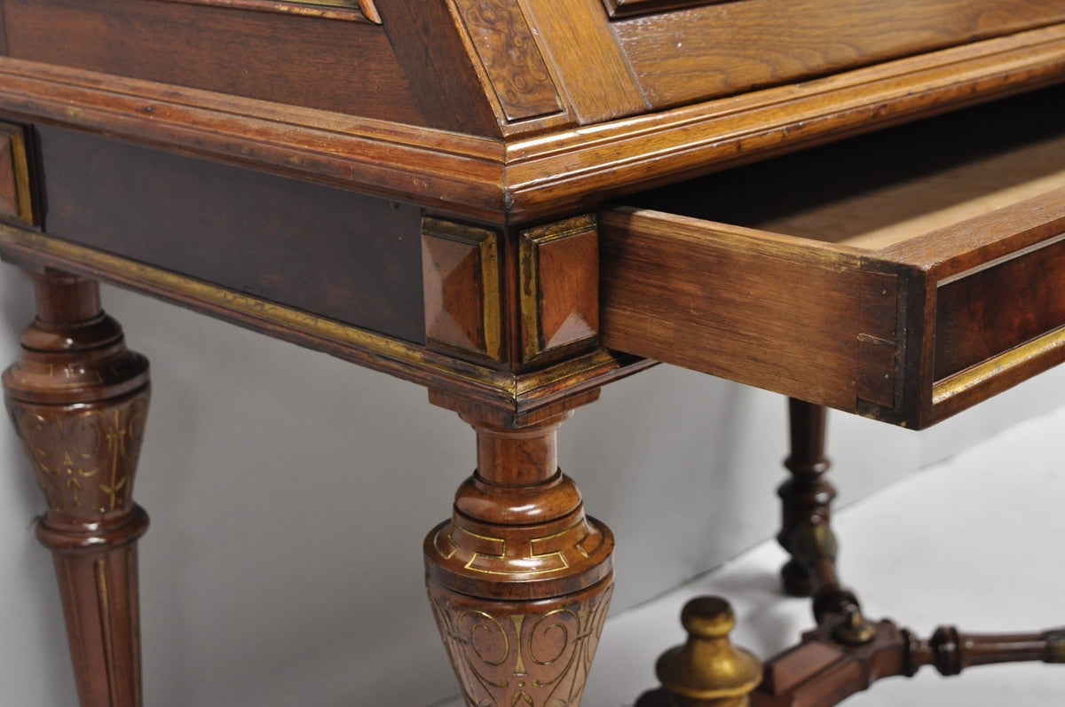 Antique Victorian Burl Walnut Slant Front Secretary Writing Desk with Mirror