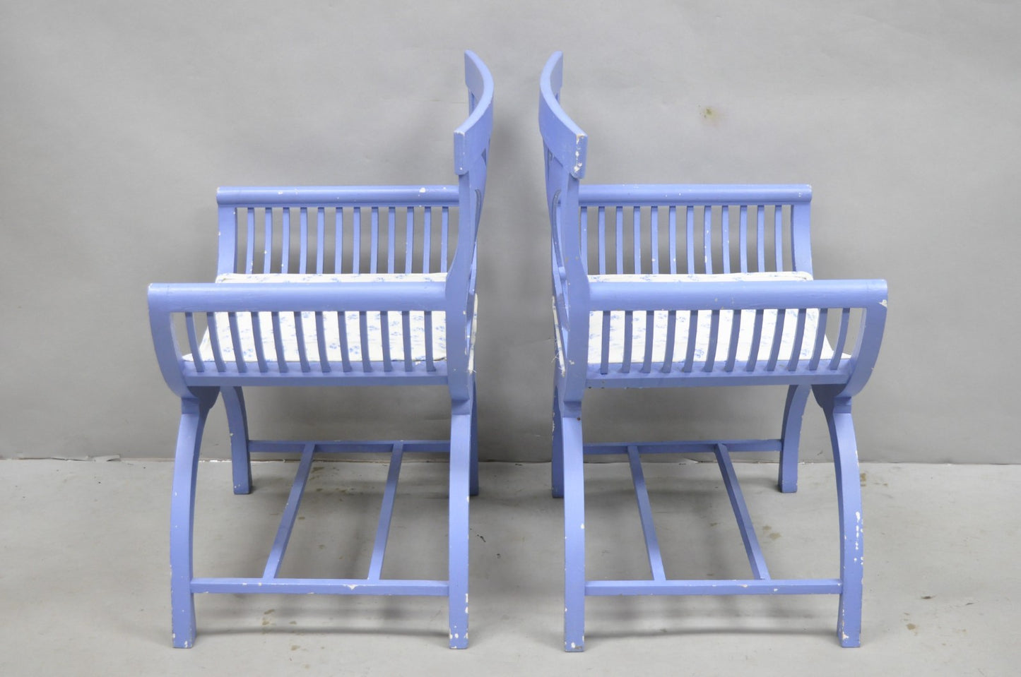 Vintage Hollywood Regency Italian Style Blue Curule X-Frame Arm Chair - a Pair