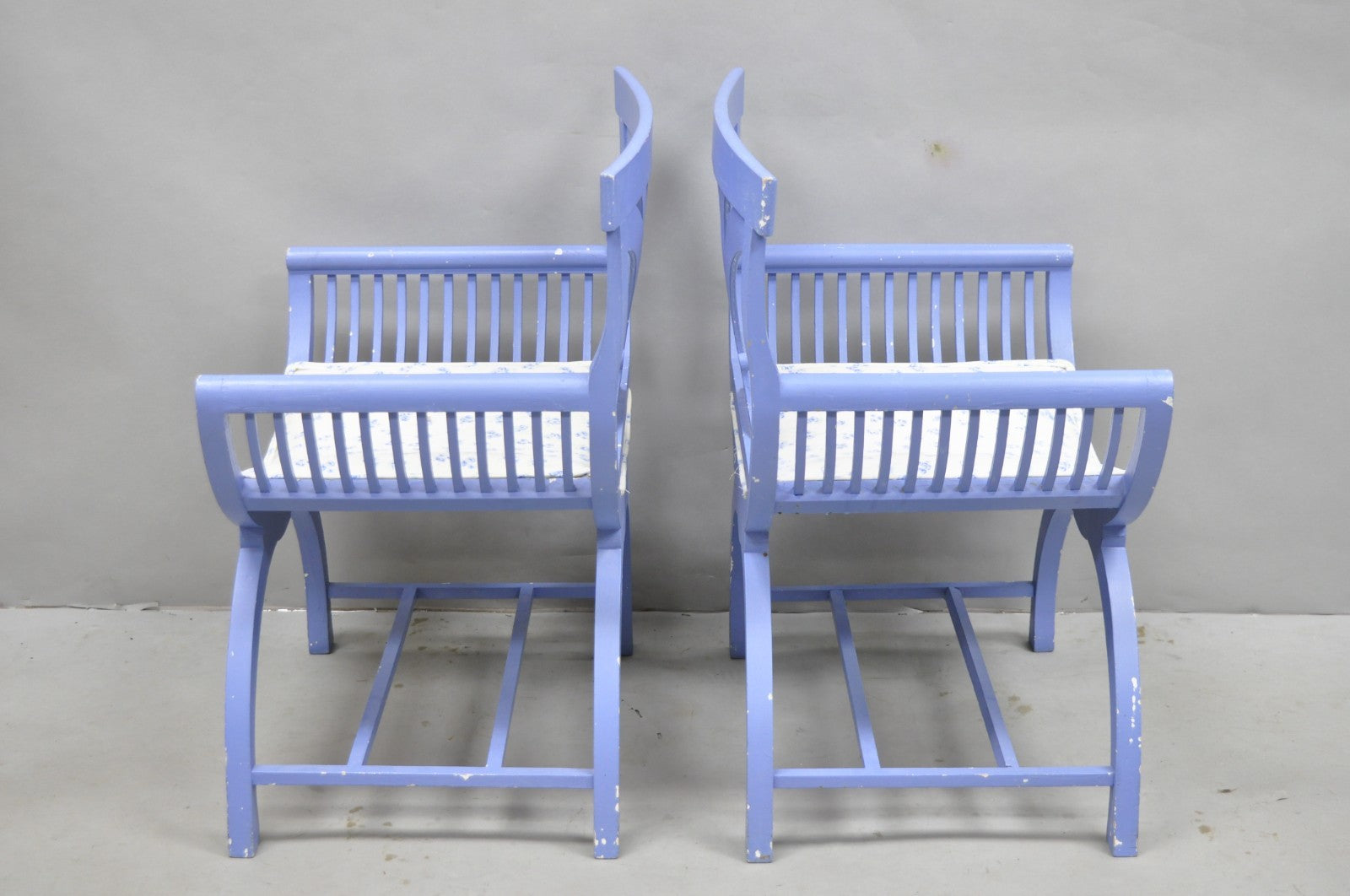 Vintage Hollywood Regency Italian Style Blue Curule X-Frame Arm Chair - a Pair