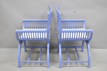 Vintage Hollywood Regency Italian Style Blue Curule X-Frame Arm Chair - a Pair