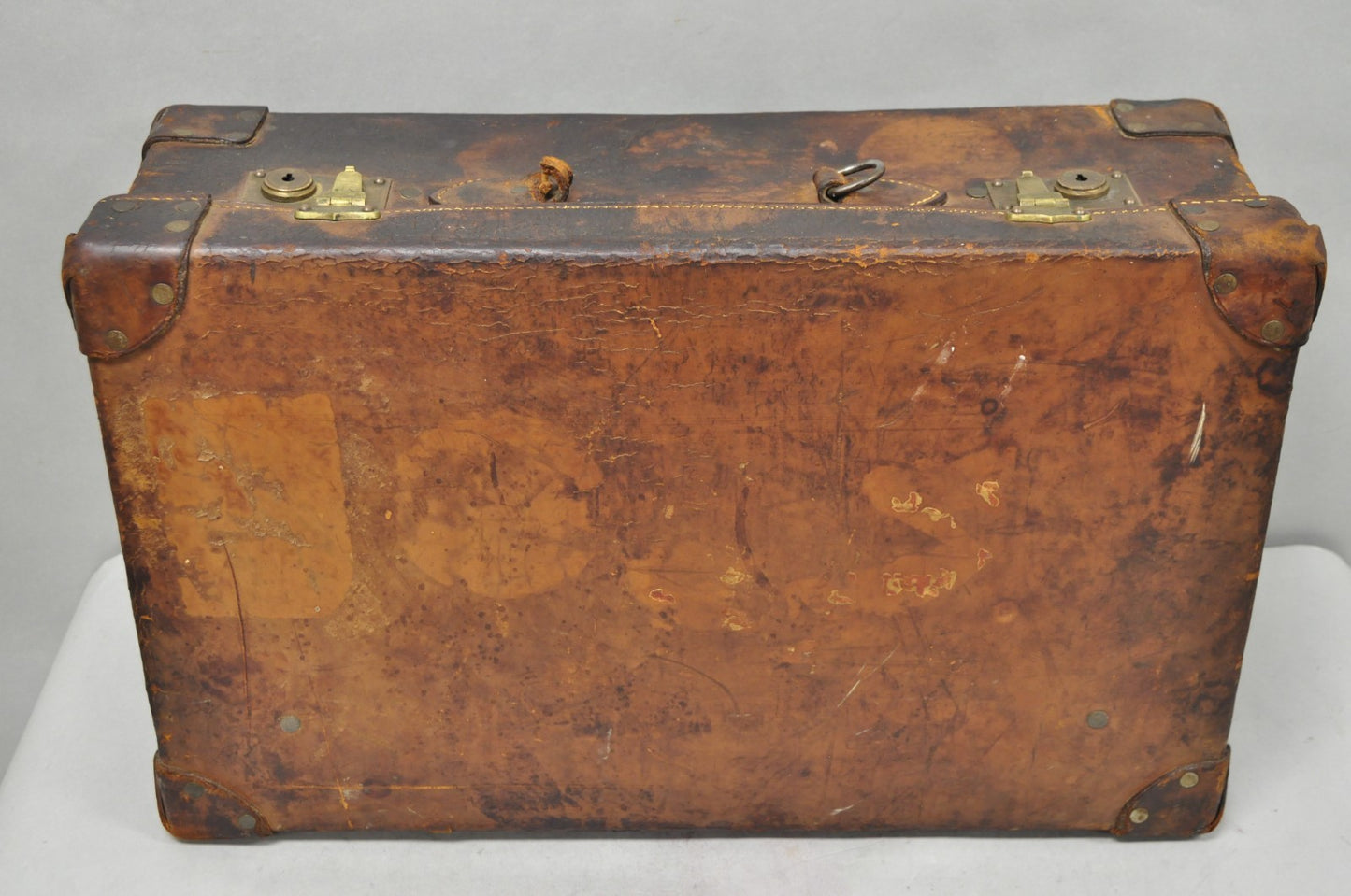 Antique Distressed Brown Leather English Art Deco 24" Suitcase Bag