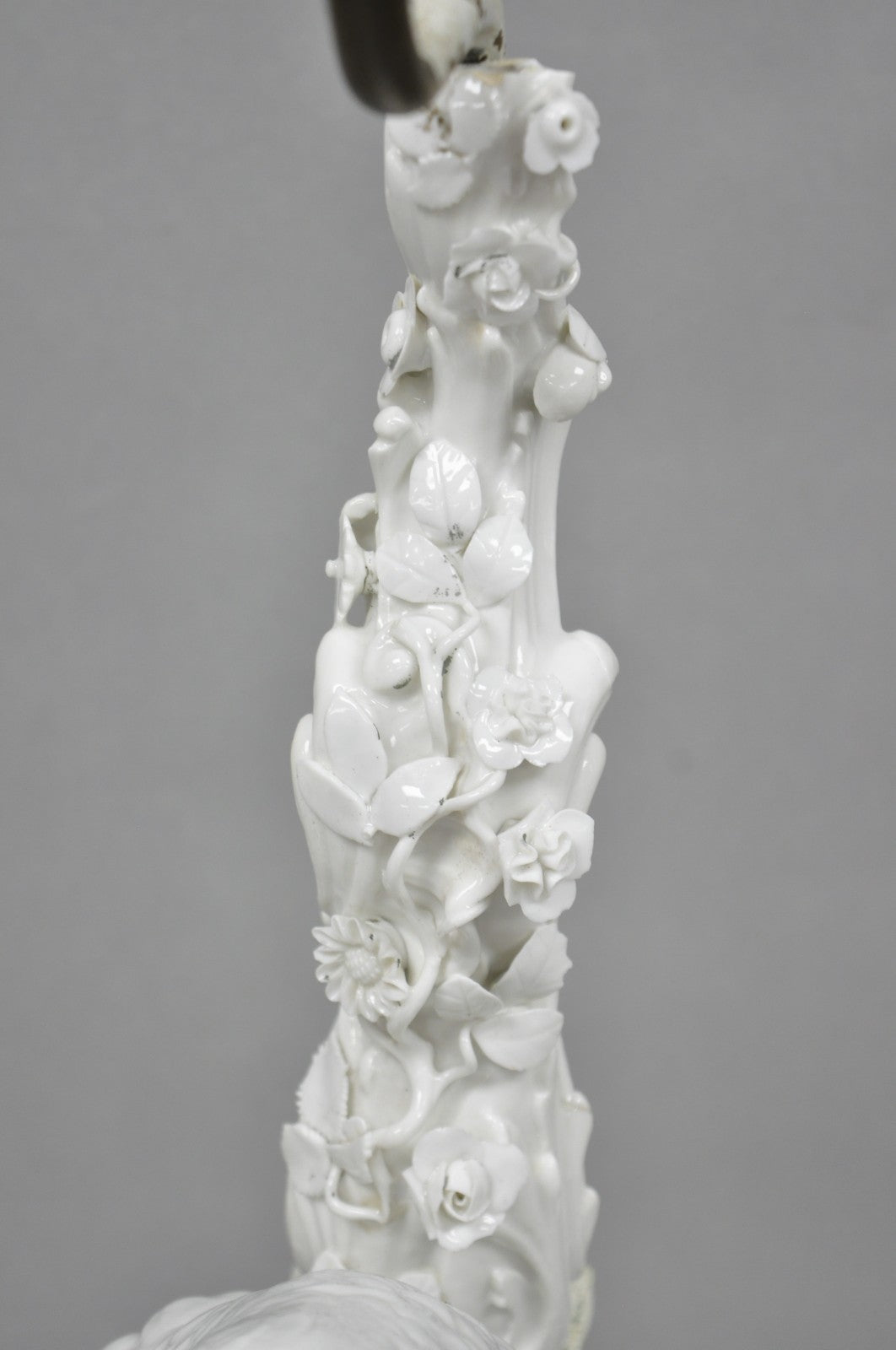 Antique Italian Blanc de Chine White Porcelain Perched Parrot Bird Table Lamp