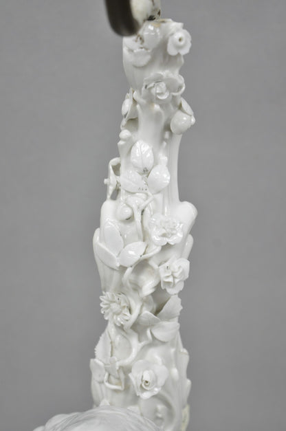 Antique Italian Blanc de Chine White Porcelain Perched Parrot Bird Table Lamp