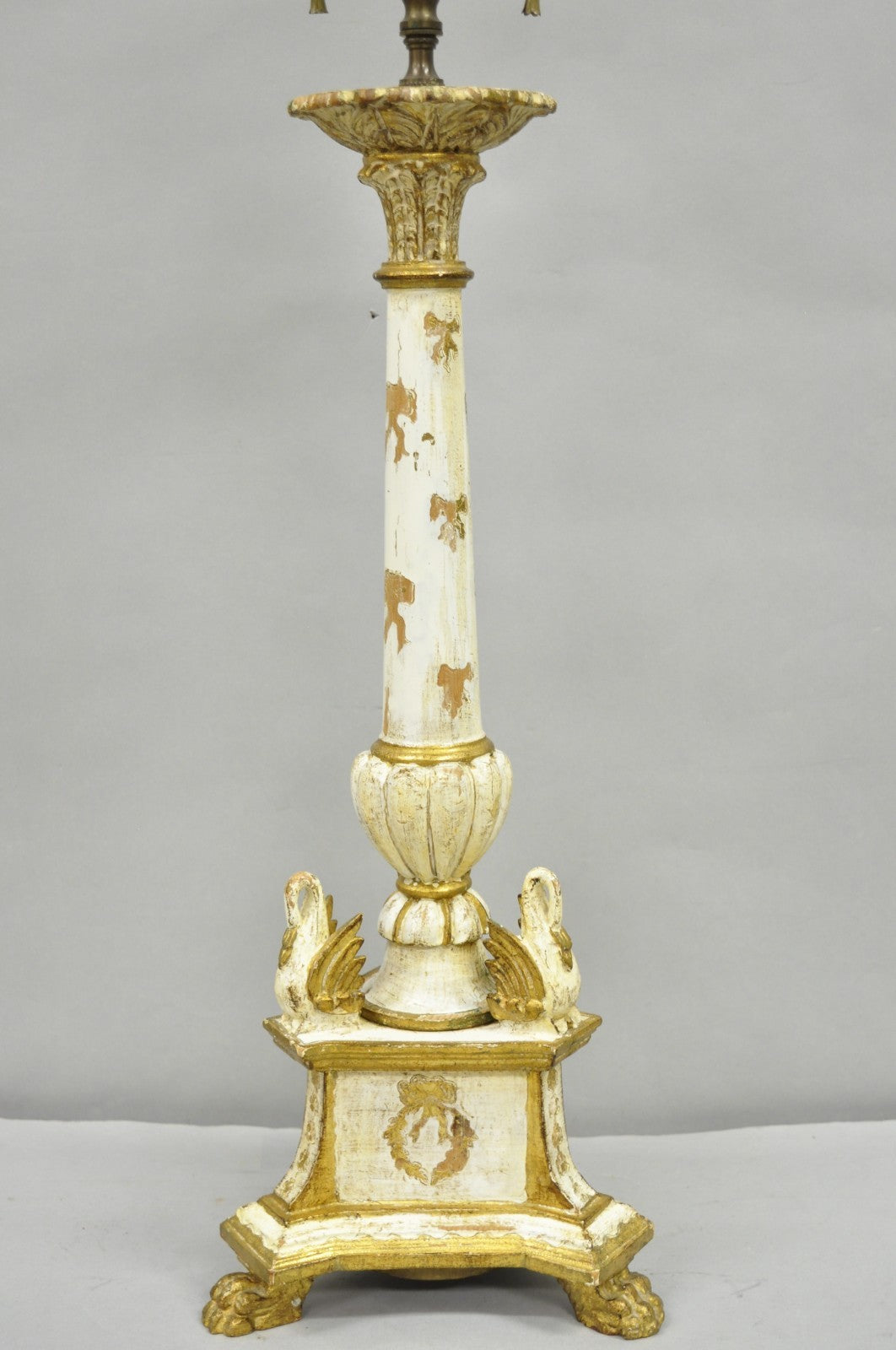 Antique Italian Hollywood Regency Cream Gold Giltwood Column Table Lamp w/ Swans