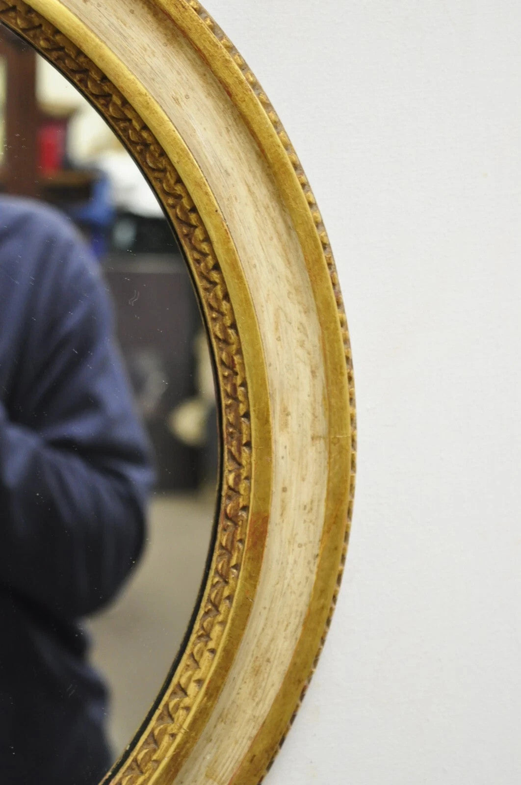 Antique Italian Regency Carved Wood Round Cream & Gold Wall Mirror by M Grieve