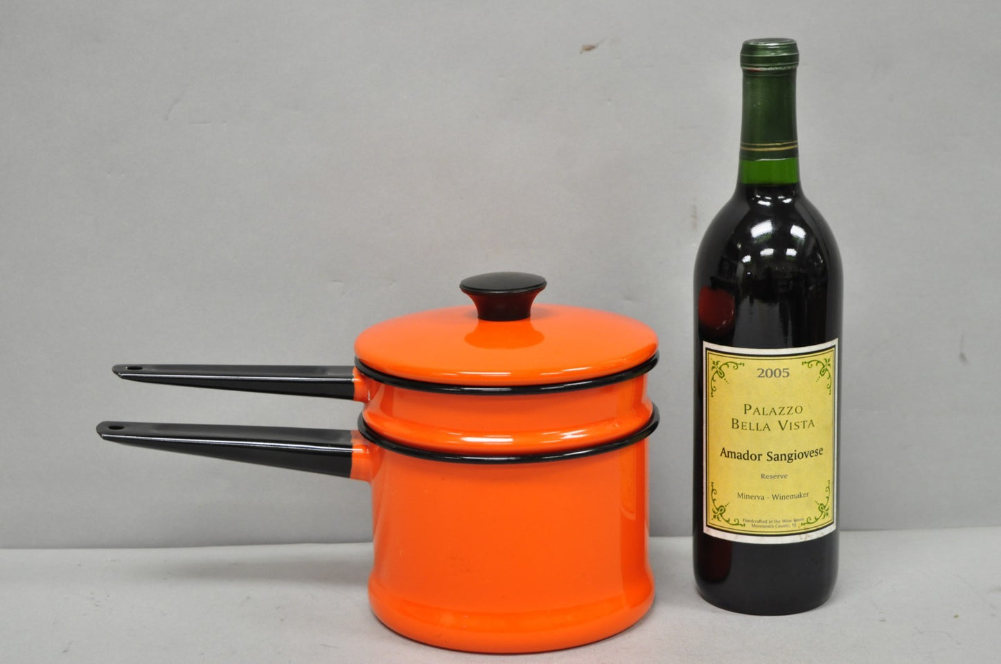 Vintage Enamel Orange & Black Metal Double Boiler Nesting Pot w/ Lid