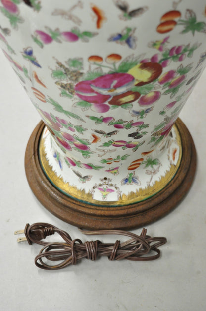 Vintage Chinoiserie Porcelain Jardinière Pink Flower Painted Large Table Lamp
