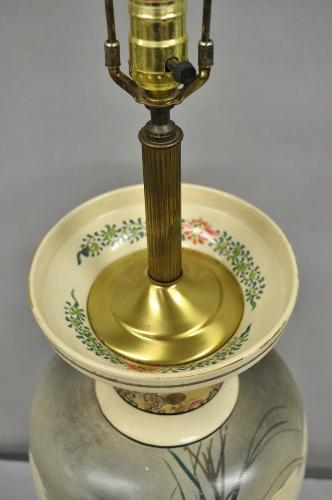 Antique Oriental Oversized Porcelain Satsuma Vase Japanese Table Lamp w/ Geese