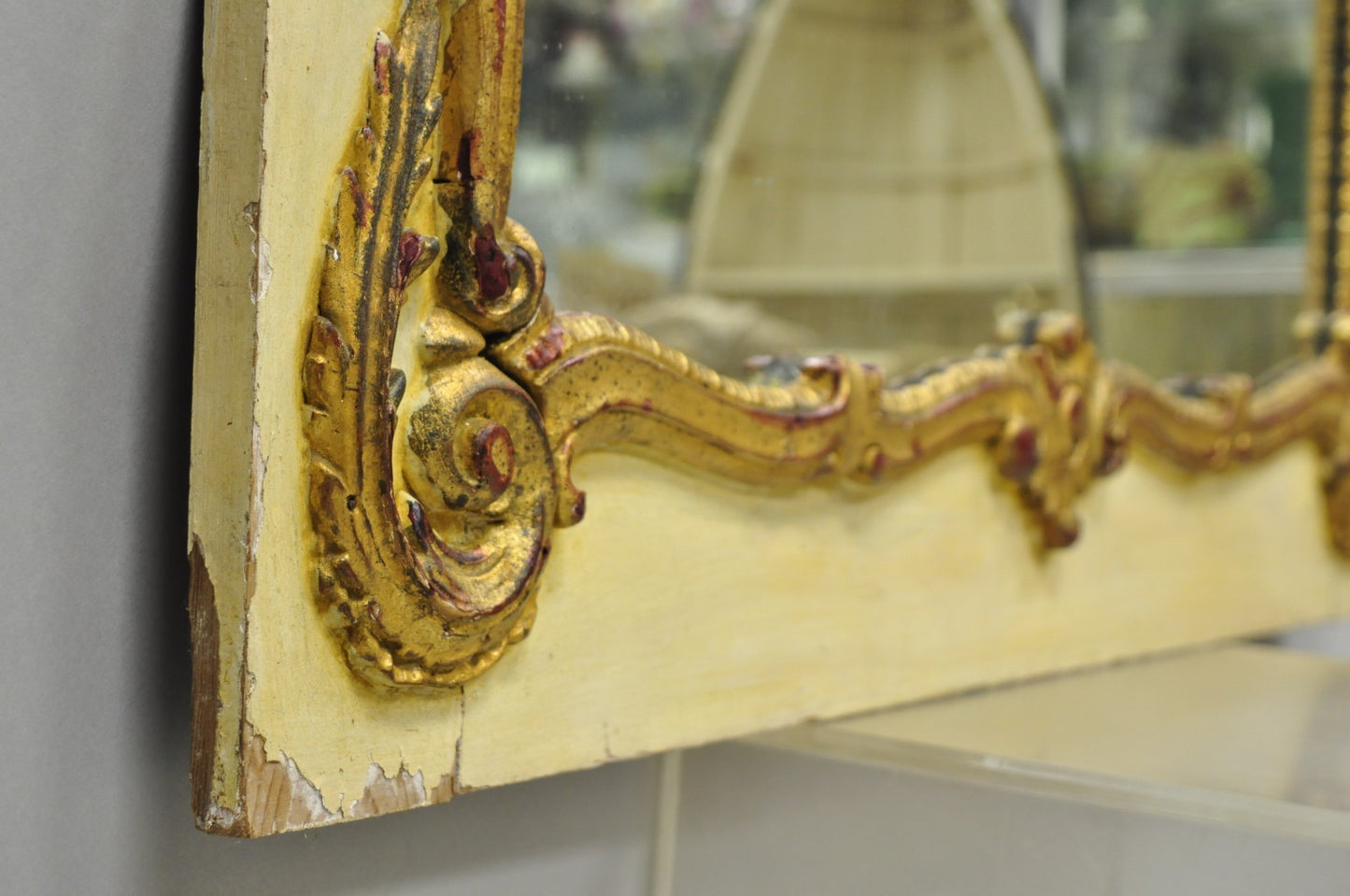 Antique French Louis XV Style Cream & Gold Gilt Drape Ribbon Trumeau Wall Mirror