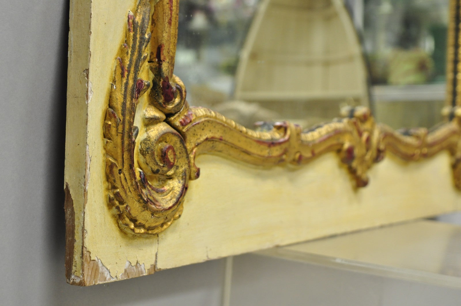 Antique French Louis XV Style Cream & Gold Gilt Drape Ribbon Trumeau Wall Mirror