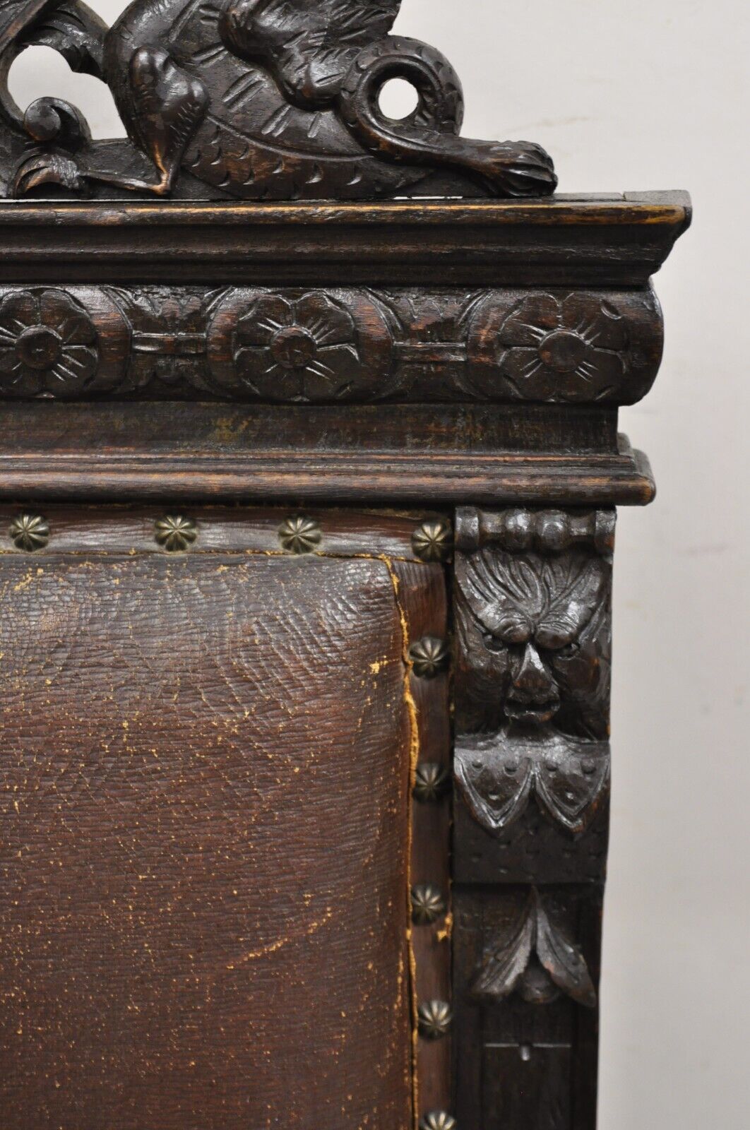 Antique Spanish Renaissance Carved Oak Wood Figural Leather Side Chairs - a Pair