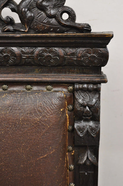 Antique Spanish Renaissance Carved Oak Wood Figural Leather Side Chairs - a Pair