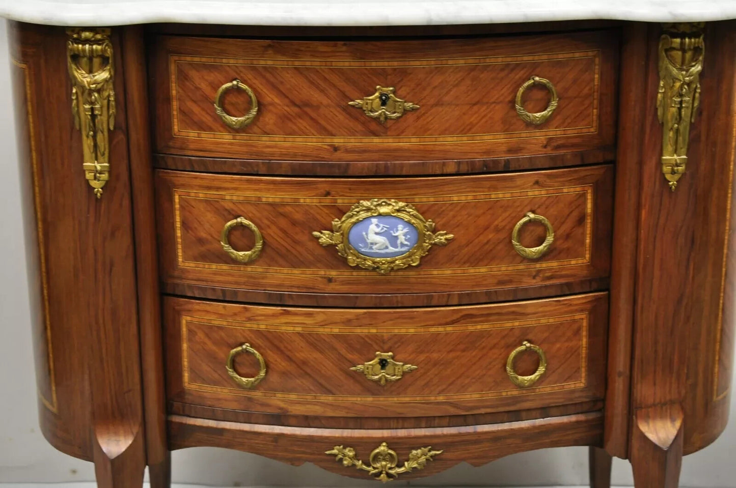 Antique French Louis XV Style Marble Top Bronze Ormolu Bombe Commode Nightstand