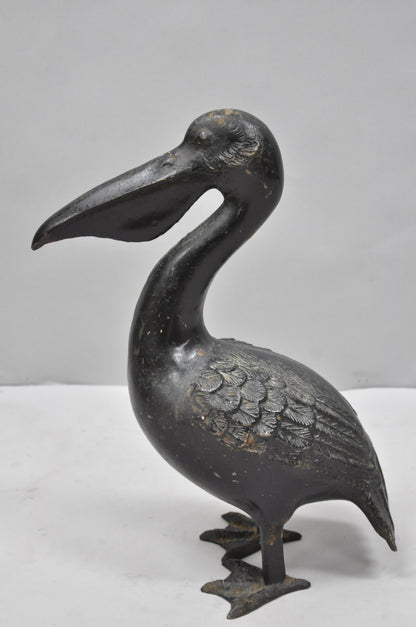 Vintage Japanese Cast Iron Black 17" Pelican Bird Garden Statue Sculpture