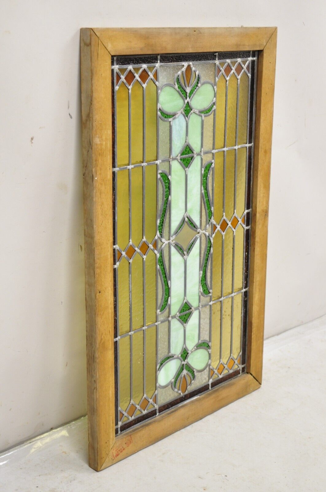 Antique Victorian Leaded Stained Glass Green Amber Tortoise Window in Wood Frame