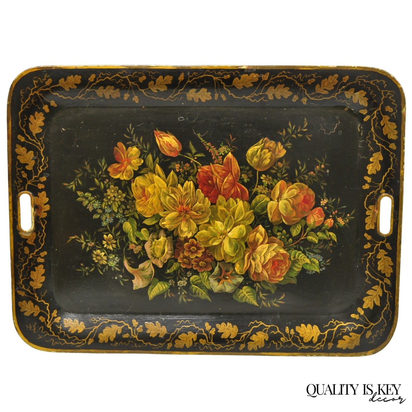 Antique French Country Tole Metal Hand Painted Floral Large Serving Platter Tray