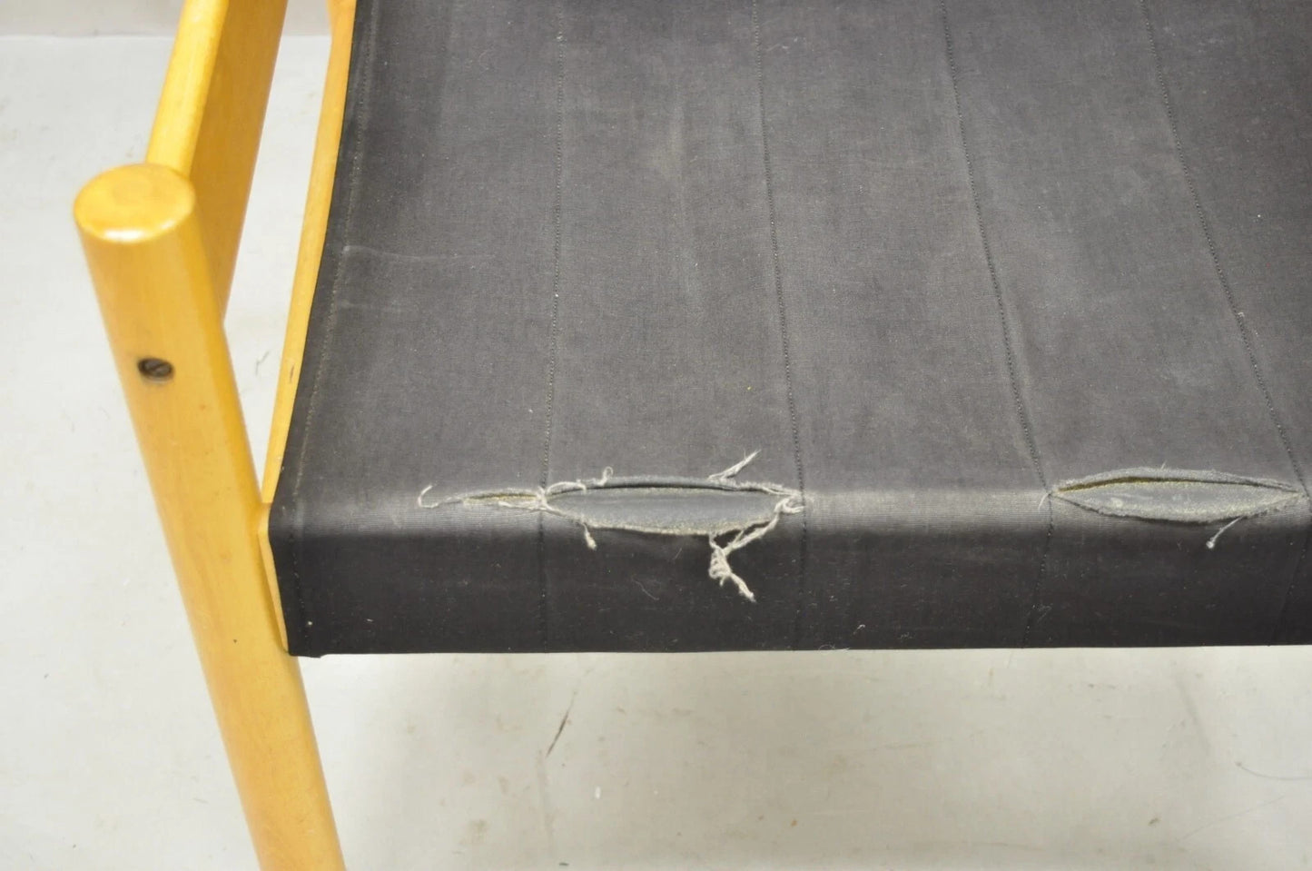 Vintage Mid Century Modern Scandinavian Black Canvas Birch Wood Lounge Chair