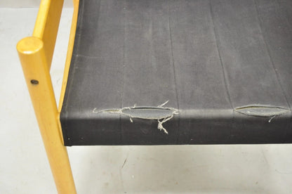 Vintage Mid Century Modern Scandinavian Black Canvas Birch Wood Lounge Chair