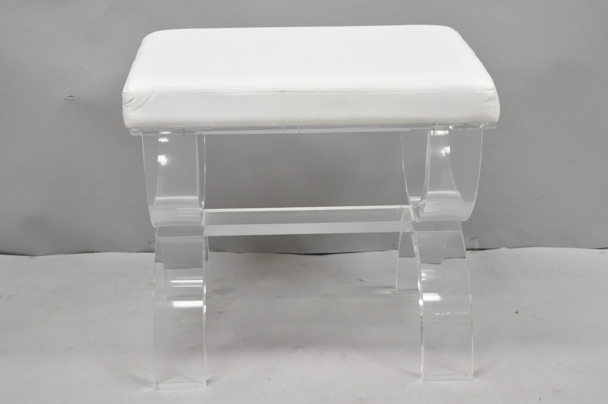 Contemporary Modern Lucite Acrylic X-Form White Vanity Bench Stool Seat