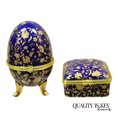 Vintage Cobalt Blue Porcelain Egg Gold Gilt Hinged Lid Candle Trinket Box - 2 Pc