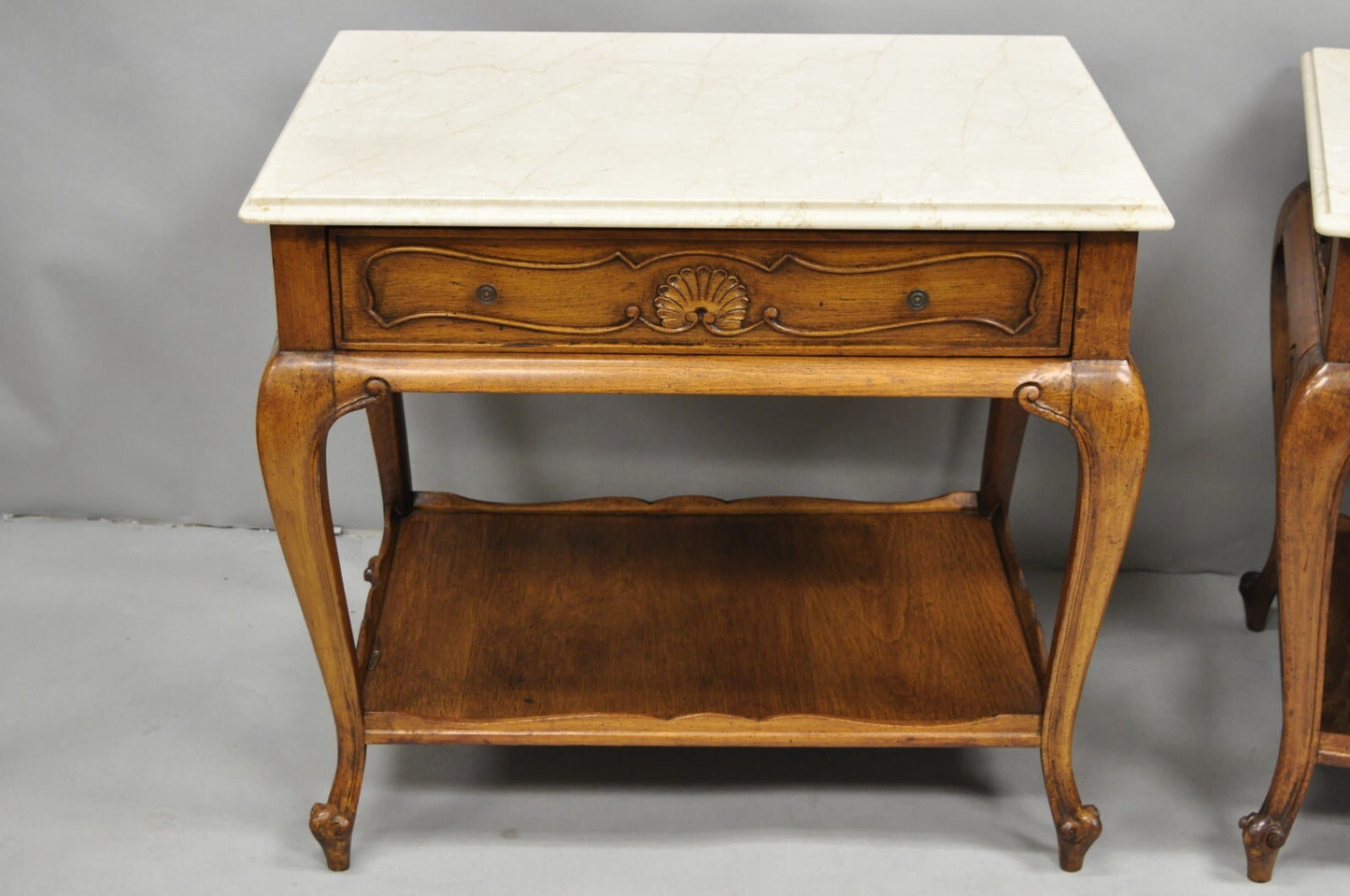 French Country Provincial Rectangle Travertine Marble Top Walnut End Table Pair