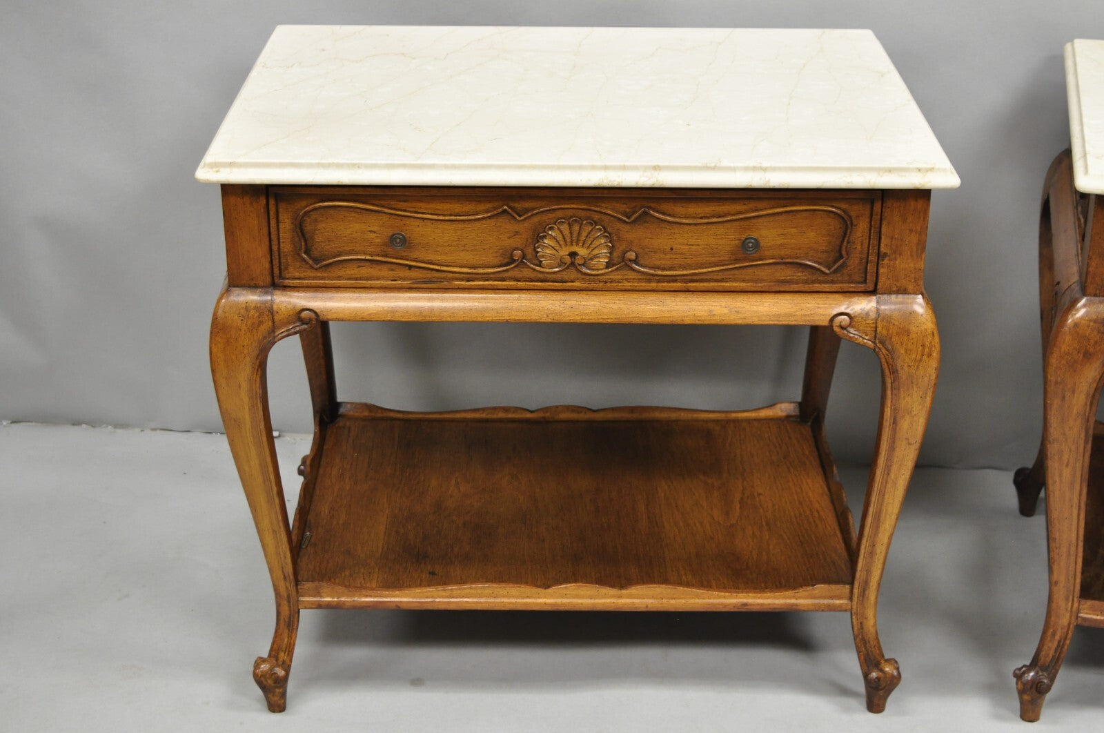French Country Provincial Rectangle Travertine Marble Top Walnut End Table Pair