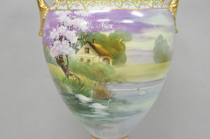 Antique Nippon Hand Painted Cottage Lake Porcelain Twin Handle Bolted Urn Vase