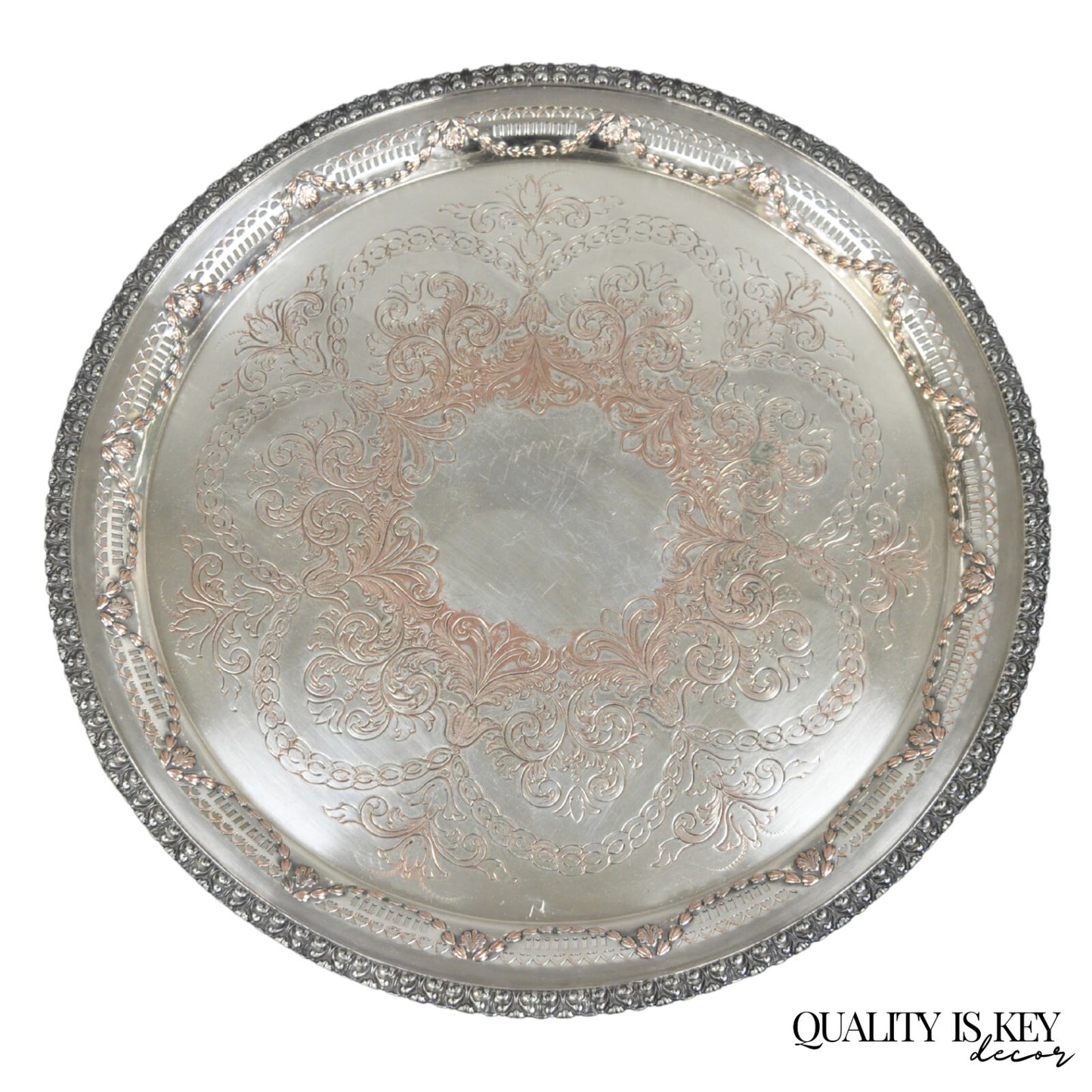 W.K. Cowan & Co 20" Round English Edwardian Silver Plated Footed Salver Tray