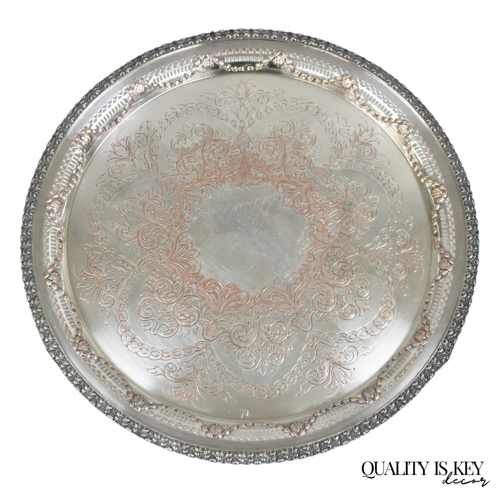 W.K. Cowan & Co 20" Round English Edwardian Silver Plated Footed Salver Tray