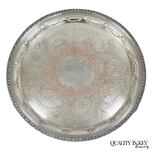 W.K. Cowan & Co 20" Round English Edwardian Silver Plated Footed Salver Tray