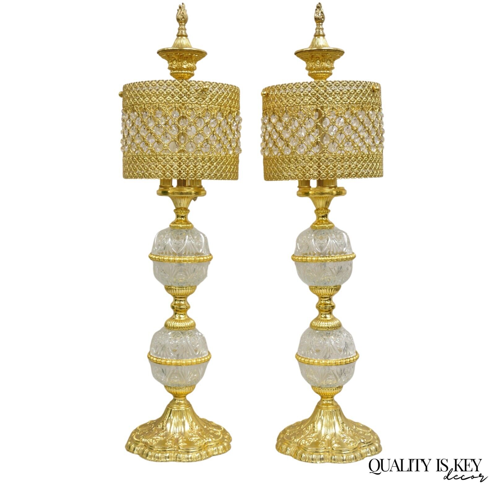 Vintage Italian Hollywoood Regency Gold Glass & Crystal Table Lamps - a Pair