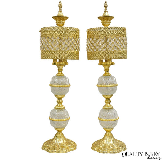 Vintage Italian Hollywoood Regency Gold Glass & Crystal Table Lamps - a Pair