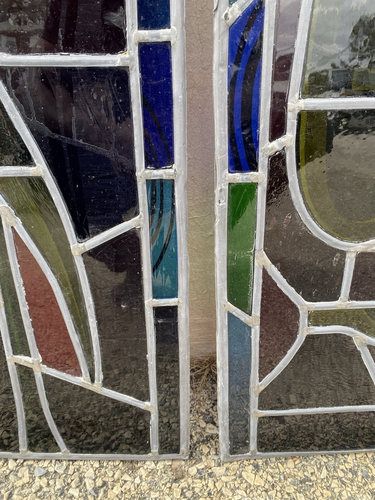 Vintage "Yo" & Door Art Deco Blue & Red Leaded Stained Glass Window 43x15 - 4 Pc