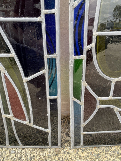 Vintage "Yo" & Door Art Deco Blue & Red Leaded Stained Glass Window 43x15 - 4 Pc