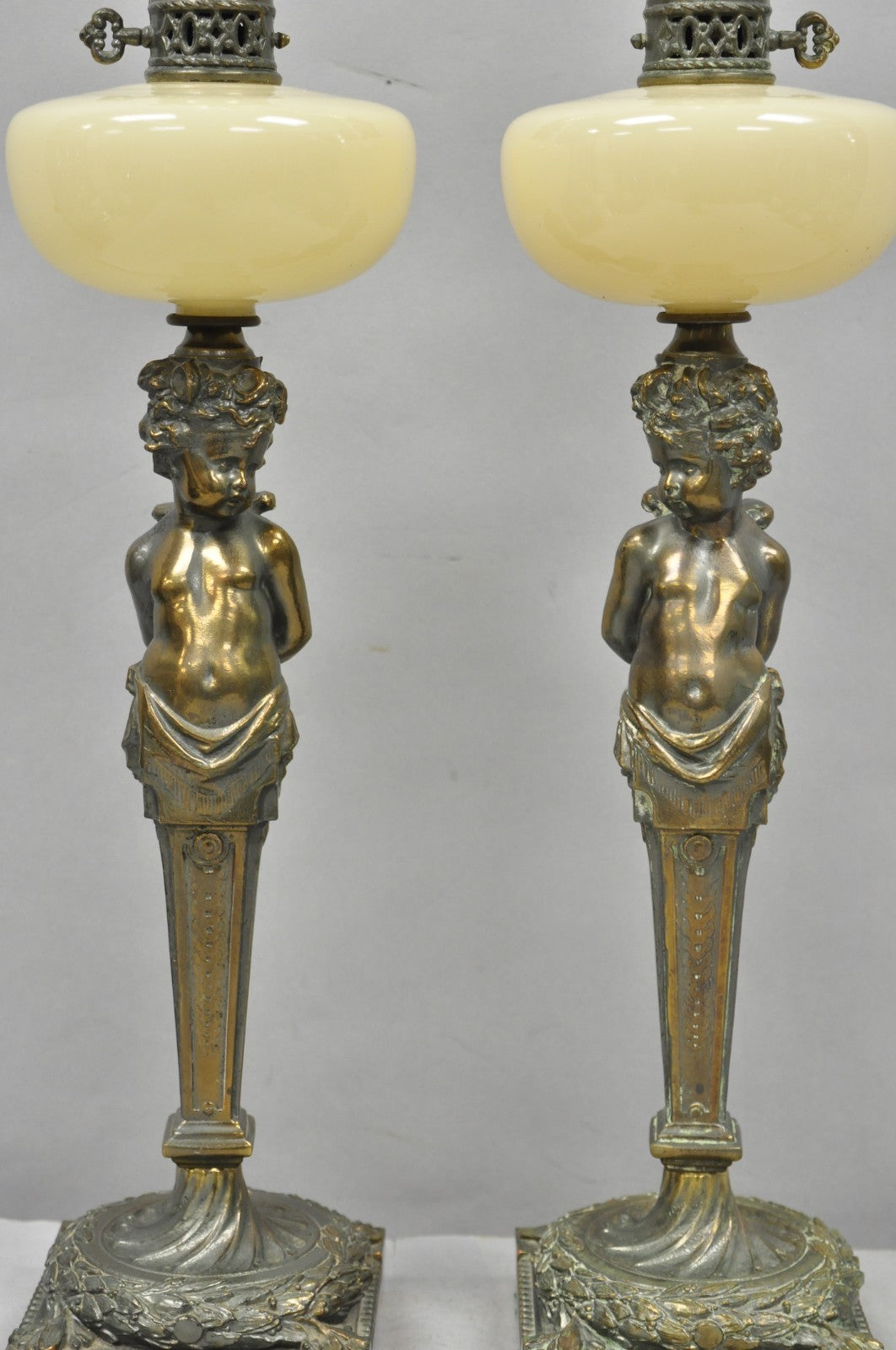 Vintage French Renaissance Brass Cherub Putti Column Cream Glass Table Lamp Pair