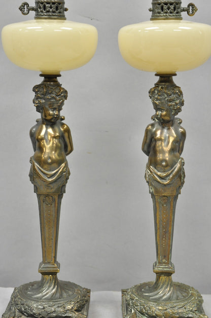 Vintage French Renaissance Brass Cherub Putti Column Cream Glass Table Lamp Pair