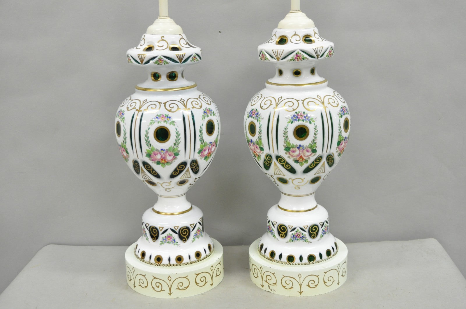 Antique Bohemian Czech Glass Green and White Flower Painted Table Lamps - a Pair