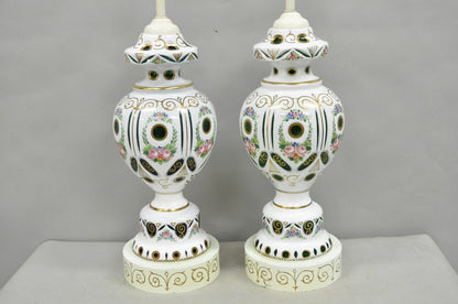 Antique Bohemian Czech Glass Green and White Flower Painted Table Lamps - a Pair