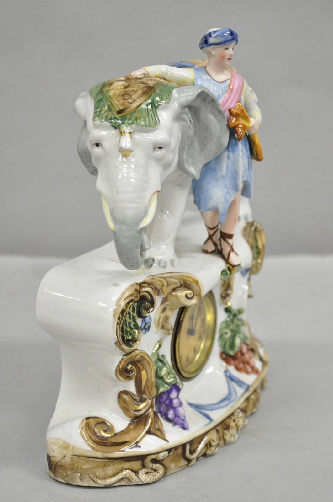 Vintage Roman Classical German Porcelain Figural Elephant & Soldier Mantel Clock