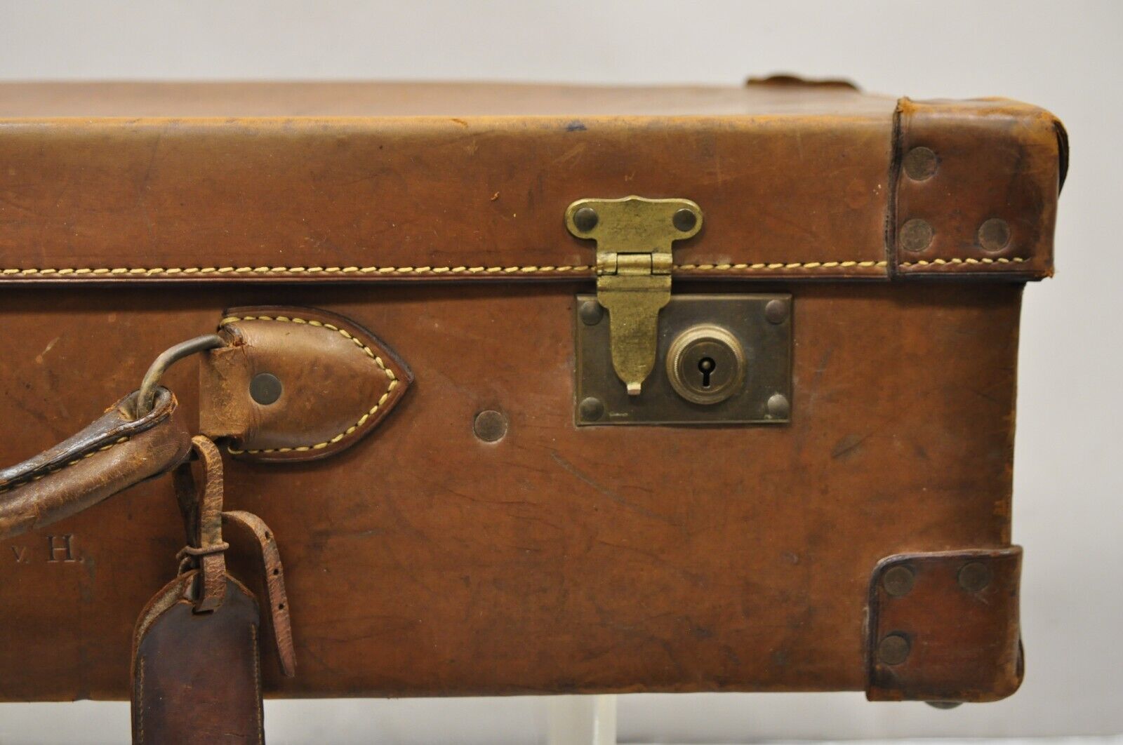 Antique Vintage English Brown Leather 28” Suitcase Trunk Hard Luggage